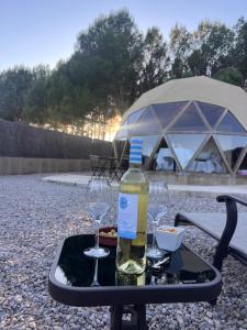 a bottle of wine and two glasses on a tray at El Molí Glamping Escapada Romántica in Adzaneta