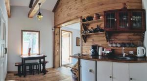 a kitchen with a counter and a wooden wall at Хатуля in Oleshnya