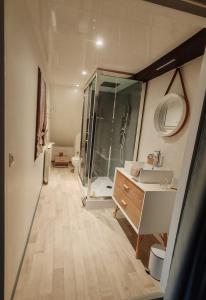 a bathroom with a shower and a sink and a mirror at Sans Chichi Chambres Et Table in Escandolières +22 photos