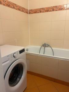 a washing machine in a bathroom with a tub at Your home 29 with parking in KoÅ¡ickÃ© KÃºpele