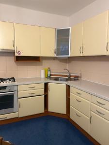 a kitchen with white cabinets and a sink at Your home 29 with parking in KoÅ¡ickÃ© KÃºpele
