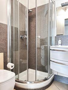 a bathroom with a shower and a toilet and a sink at One-bedroom apt with balcony on Rue Hoche in Cannes +5 photos