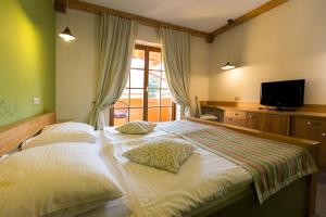a bedroom with two beds and a tv and a window at Natura Amon in Podčetrtek