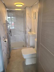 a bathroom with a toilet and a shower and a sink at Oakwood Airport Accommodation in Lulsgate Bottom +40 photos