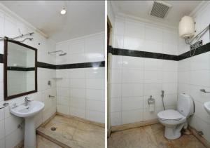 two pictures of a bathroom with a toilet and a sink at The Avenue Residency in Gurgaon +19 photos