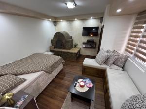 a living room with two beds and a fireplace at Apartman Trg in Šabac
