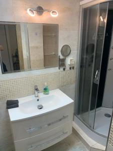 a bathroom with a sink and a shower at Your Home 27 with parking in Myslava