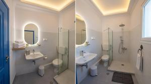 two pictures of a bathroom with two sinks and a shower at Pelagos Studios in Parikia +84 photos