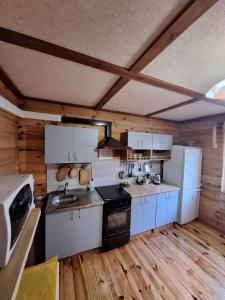 a kitchen with white appliances and wooden floors at Лісова хатинка in Haivka