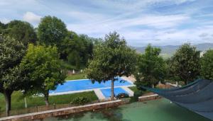 a hammock in front of a swimming pool at A Casa Das Chocas in San Román