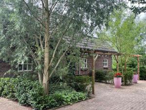 a small brick house with a tree in front of it at Gastenverblijf Boven De S l a g e r i j in Schijndel