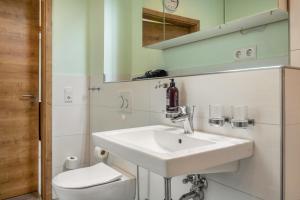 a bathroom with a white sink and a toilet at Fewo im Fränkischen Seenland in Abenberg +27 photos