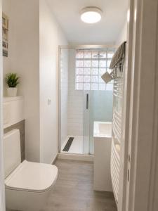 a white bathroom with a toilet and a sink at Le Cosy Thiers in Dunkerque
