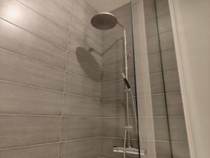 a shower with a glass door in a bathroom at Kipsala Cozy Apartment in Riga +16 photos
