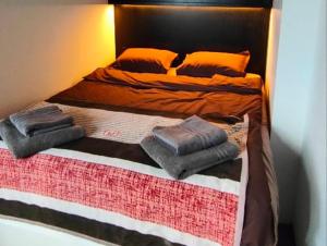 a bed with three pillows on top of it at Kipsala Cozy Apartment in Riga