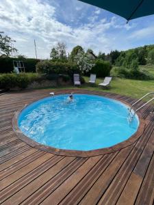 a person in a swimming pool on a wooden deck at Basel Landskron Haus in Leymen