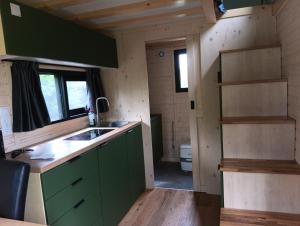 a kitchen with green cabinets in a tiny house at Accommodatie Spiegelwaal Nijmegen Lent in Nijmegen +9 photos