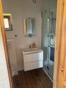 a bathroom with a sink and a shower at Domki Letniczówka Kołobrzeg nad morzem in Grzybowo