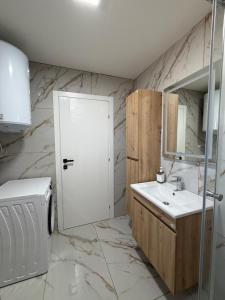a bathroom with a sink and a washing machine at Apartmani Kastratovic in Golubovci +31 photos