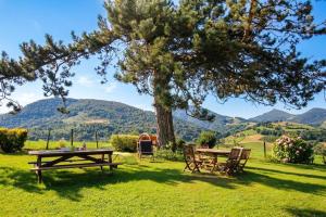 a picnic table and chairs under a tree with mountains in the background at Chez escarain in Arette