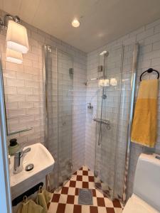 a bathroom with a shower and a sink at Hem till Bengt in Kungshamn