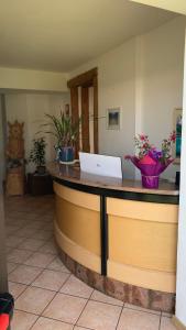 a lobby with a counter with flowers on it at Albergo Garnì Casa del Lago in Tenno