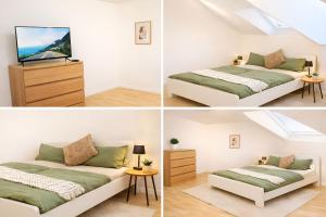 three pictures of a bedroom with two beds and a tv at Ferienwohnung MeDa in Bad Wörishofen