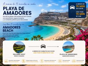 a flyer for a resort with a view of a beach at Villa Trilux, Infinity Pool, Jacuzzi, BBQ in Salobre +35 photos