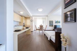 a kitchen and living room with a bed in a room at Apartments Horizont in Budva