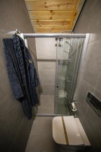 a bathroom with a glass shower and a toilet at Sky Line Villa in Ardeşen +20 photos