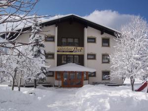 ein schneebedecktes Gebäude mit schneebedeckten Bäumen in der Unterkunft Haus Pock Apartments in Presseggersee