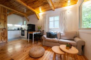 a living room with a couch and a table at ACTIVFARM DOMKI NA KASZUBACH Domek Piotruś in Gliśno