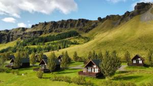 a group of cottages in a green mountain at Hörgsland Cottages in Hörgsland