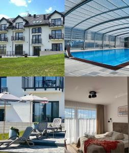 a collage of pictures of a house and a swimming pool at Przystań Admiralska 11 in Jarosławiec