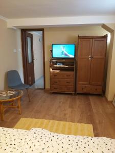 a living room with a tv on a dresser at Magdaléna Vendégház in Esztergom