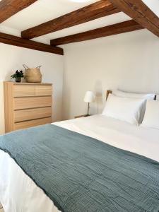 a bedroom with a white bed with a blue blanket at Stadtloft Suites Richterswil in Richterswil