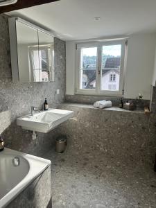 a bathroom with a sink and a mirror at Stadtloft Suites Richterswil in Richterswil +7 photos