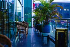 a balcony with chairs and a potted plant on a building at Grand Plaza Hotel in Kampala