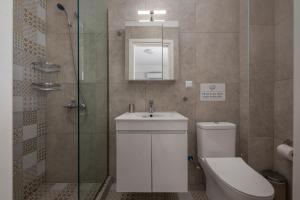 a bathroom with a toilet and a sink and a shower at SLV Dionysos Apartment in Ofrínion