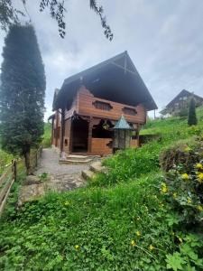 a wooden house with a black roof in a field at КОТЕДЖ У ЛІСКУ in Vorokhta