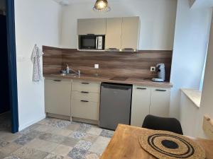 a small kitchen with a sink and a microwave at Résidence le 1564 Bleu in Roussillon en Isere