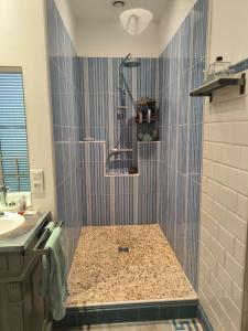 a bathroom with a shower with blue tiles at Villa Meyer Demeure Remarquable chambre d'hôtes,Art Déco,standing in Béziers