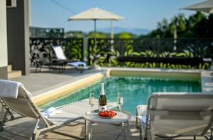 a table with a glass of wine next to a pool at Northern Croatia Accessible Luxury Villa in Cestica +63 photos