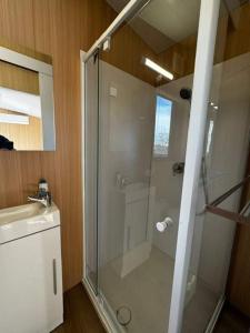 a glass shower in a bathroom with a sink at The Dairy and Pines Tiny house by Tiny Away in Shadforth