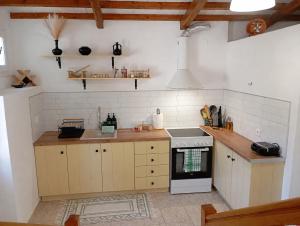 a kitchen with a stove and a counter top at Villa Pefkias in Skopelos Town