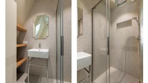 two pictures of a bathroom with a shower and a sink at Bakkumer Strand in Castricum +23 photos
