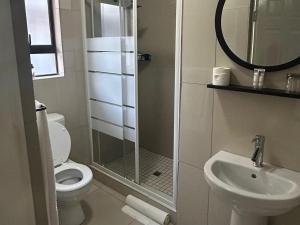 a bathroom with a shower and a toilet and a sink at 36 On Blougom in Midrand
