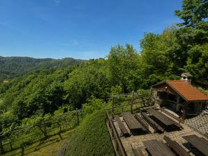 a small building with a view of a mountain at Zidanica Jakec Wine House & Scenic Views in Podlehnik +8 photos