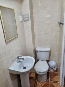 a bathroom with a white toilet and a sink at Hotel Simon in Antofagasta