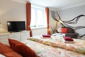 a bedroom with a bed and a tv and a window at Haevn Erholung, Feuer, Wasser, Luft in Reußenköge